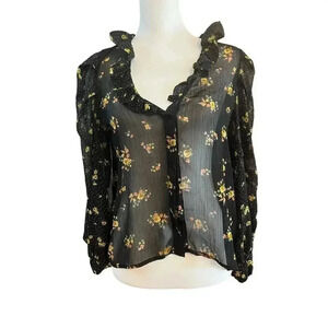 ZARA button up floral sheer ruffled neck womens size small